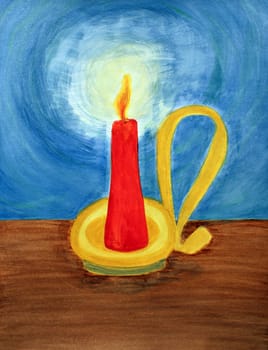 In a yellow, gold and brass colored candle holder with an old fashioned looking handle, a red candle burns brightly. It lights up the dark blue night with its flickering, orange yellow flame.