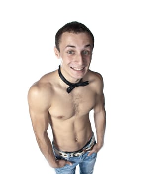 handsome guy shirtless with bow tie having fun (low saturation toning)