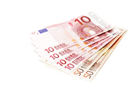 fan of the 10 and 50 euros banknotes isolated on white