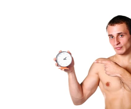 handsome guy shirtless showing the time in studio on white