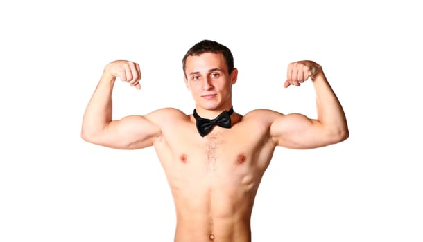 handsome guy is flexing muscles on white