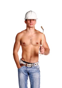 handsome guy shirtless in hard hat and brash isolated on white