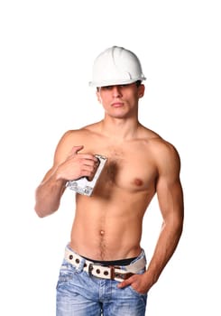 handsome guy shirtless in hard hat and staple gun isolated on white