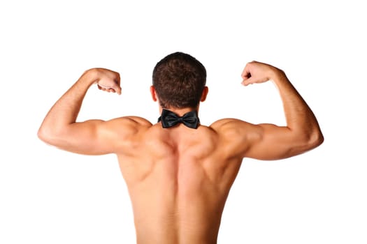 handsome guy is flexing muscles on white
