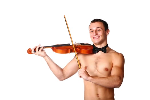 handsome guy shirtless with bow tie having fun with violin (low saturation toning)