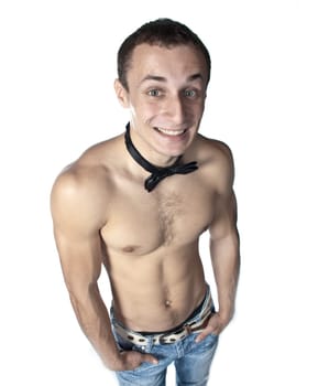 handsome guy shirtless with bow tie having fun (low saturation toning)