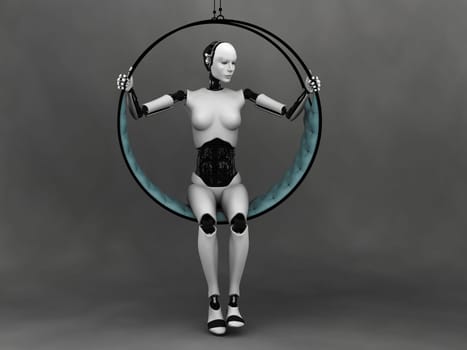 A robot woman sitting in a futuristic hammock. Grey background.