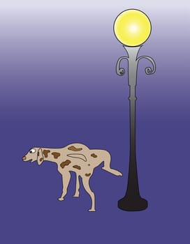 brown dog is pissing on the lamppost