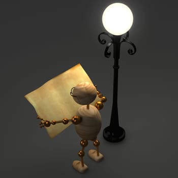 3d wood man standing near lamppost on grey