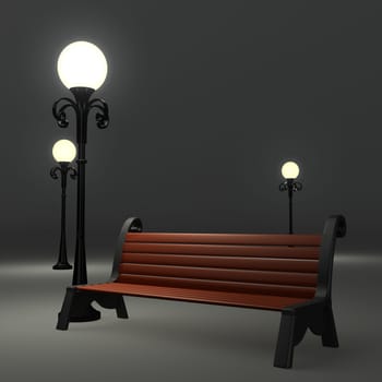 3d bench near the street lamppost on grey