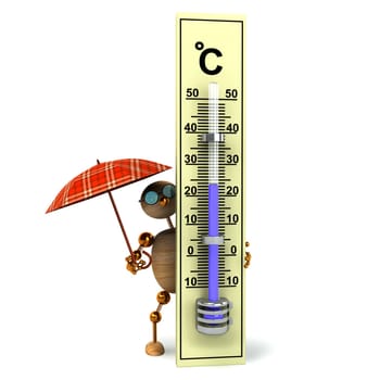 3d wood man is holding termometer with umbrella
