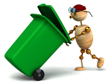 3d wood man pulling green waste container on white