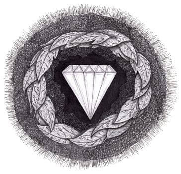 Diamond formed under pressure is shown with facets in the earth, surrounded by rock, leaves, dirt and grass.