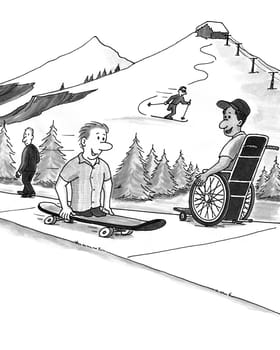 Four people at a ski resort. One man walks, one uses a wheelchair, a legless man rides a skateboard, and a one legged woman is skiing.