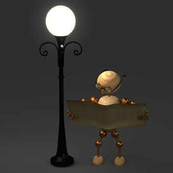 3d wood man standing near lamppost on grey