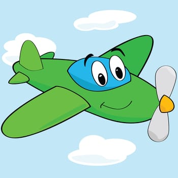 Cartoon illustration of a cute airplane with a smiling face