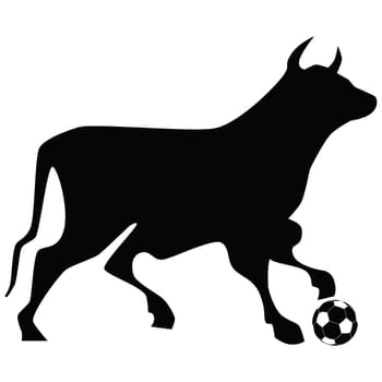 Illustration silhouette of a bull stepping on a soccer ball.