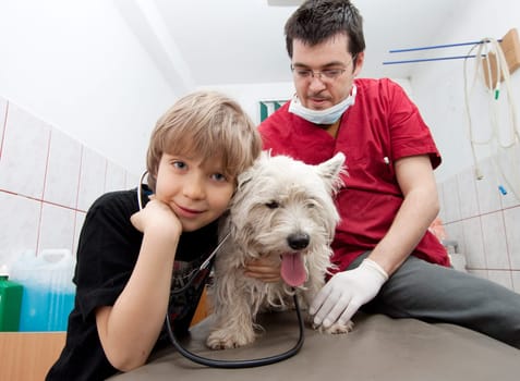 Little boy at vet with his dog