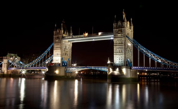 London Tower Bridge at night with plenty of lights
