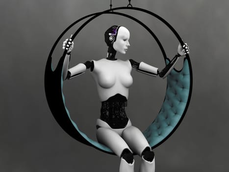 A robot woman sitting in a futuristic hammock. Grey background.