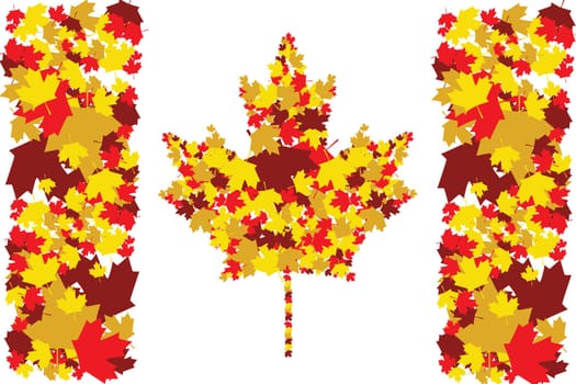 Illustration of the Canadian flag made up of maple leafs in different fall colors
