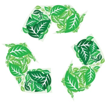 Illustration of a recycling symbol made up of tree leaves in different shades of green