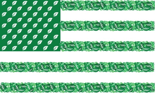 Illustration of the United States flag made up of tree leaves in different shades of green