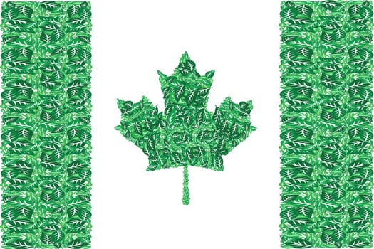 Illustration of the Canadian flag made up of tree leaves in different shades of green