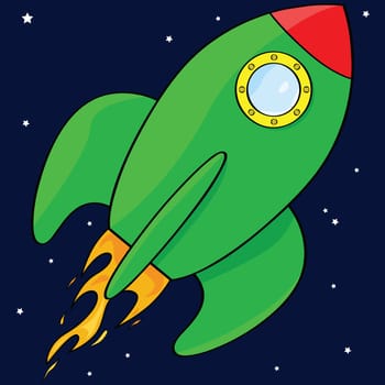Cartoon illustration of a green rocket ship in space