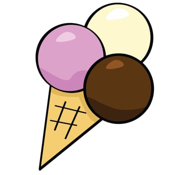 Cartoon illustration of an ice cream cone with three scoops of ice cream