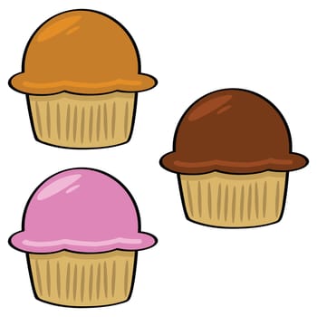 Cartoon illustration of three muffins: carrot, chocolate and strawberry
