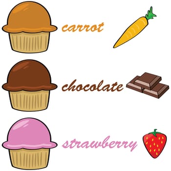 Cartoon illustration of three muffins alongside the main ingredient for each: carrot, chocolate and strawberry