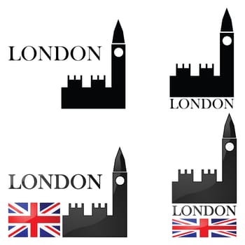 Concept set of illustrations for London showing an icon for the Big Ben alongside other elements such as the Union Jack