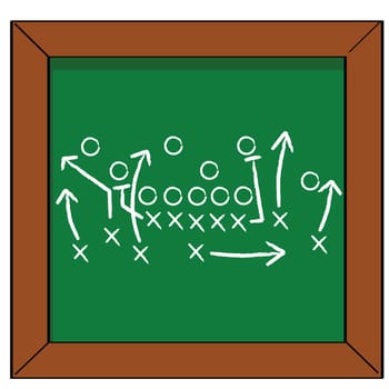 Cartoon illustration of a football game plan on a blackboard
