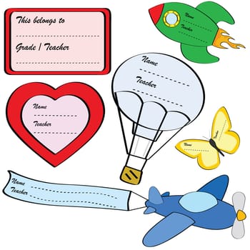 Set of colorful stickers for school, with space for student and teacher&#039 s name