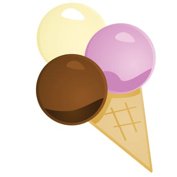 Glossy illustration of an ice cream cone with three scoops of ice cream