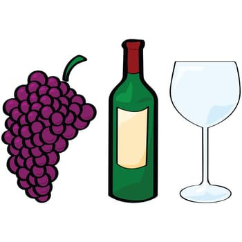 Cartoon illustration of different wine elements: grapes, bottle, glass