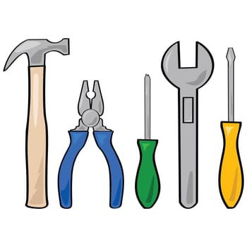 Cartoon illustration of a set of different household tools