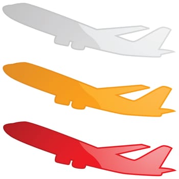 Glossy illustration of an airplane in three different colors