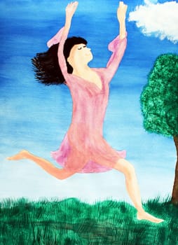 A lady in a pink nightgown is shown leaping for joy while sprinting outdoors in the day with her arms and hands held high. Her black hair flows behind her.