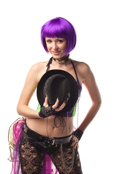 Beauty Girl dance in color corset with hat look at you