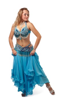 young girl dance in blue arabian oriental costume isolated