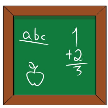 Cartoon illustration of a school blackboard with some basic reading, math and drawing exercises