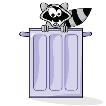 Cartoon illustration of a raccoon surprised to be seen inside a garbage can