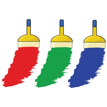 Cartoon illustration of three paintbrushes painting in three colors: red, green and blue
