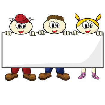 Cartoon illustration of three children holding a blank card