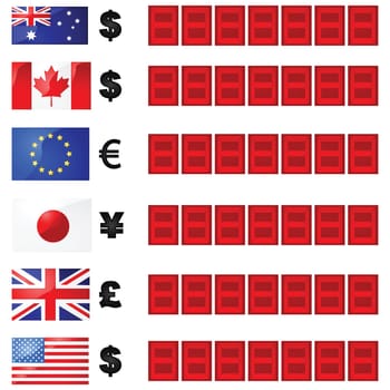 Illustration of a currency rate board, with six flags and currency symbols beside electronic number displays