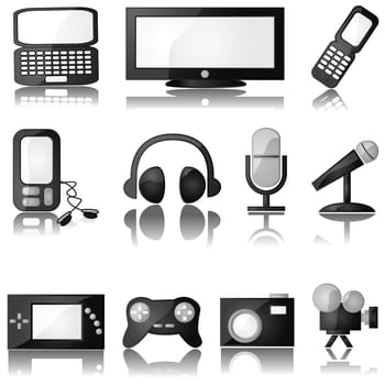 Set of glossy multimedia icons with reflection