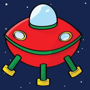 Cartoon illustration of a red flying saucer in outer space