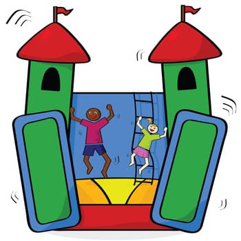 Cartoon illustration showing a couple of kids having fun in a bouncing castle